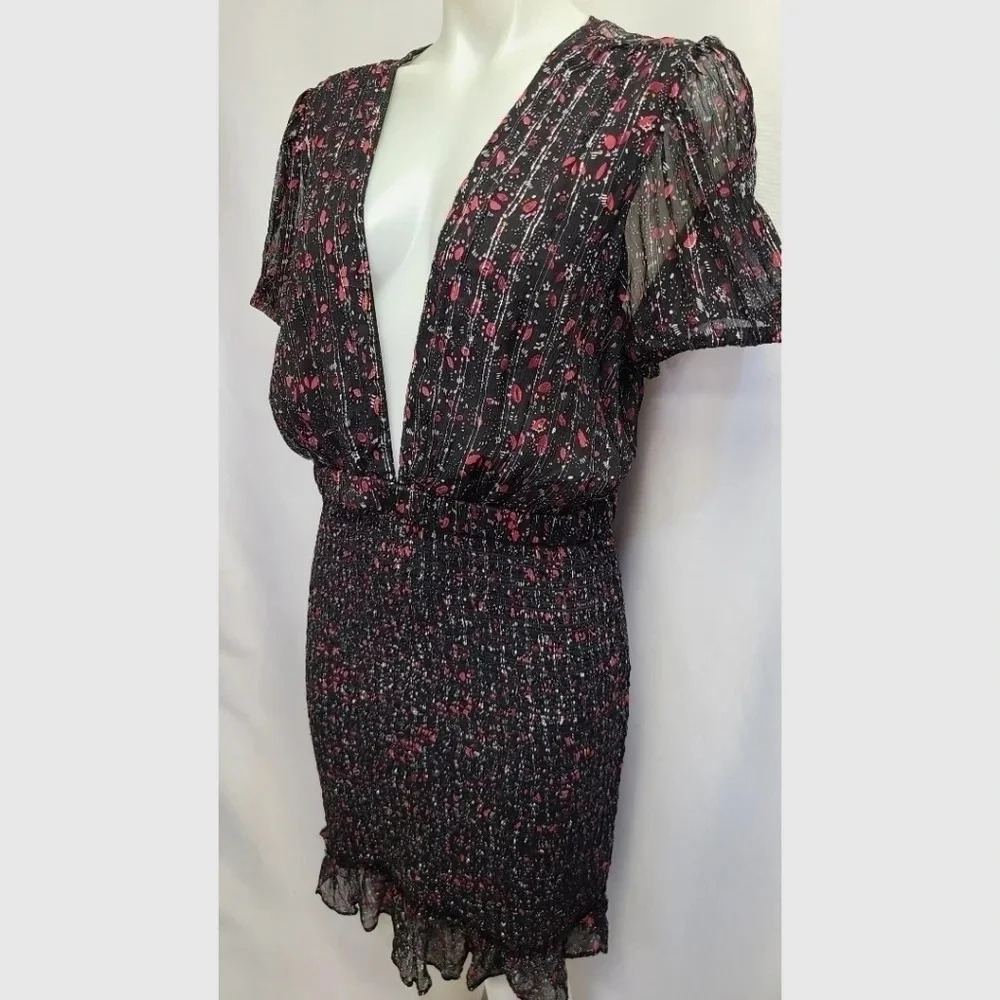 Free People Baby Love Smocked Floral Print Dress Black Red Silver Metallic Large - Picture 6 of 16